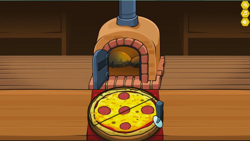 焼き上がったピザを適切なサイズにカット