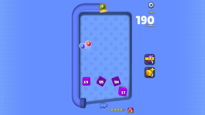 跳ねるボールが障害物の数字を減らし、ステージを進める様子