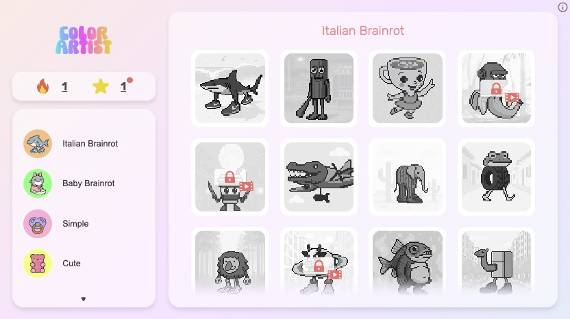 最初のアートを完成させると、さらに多くのイラストから選べるようになる