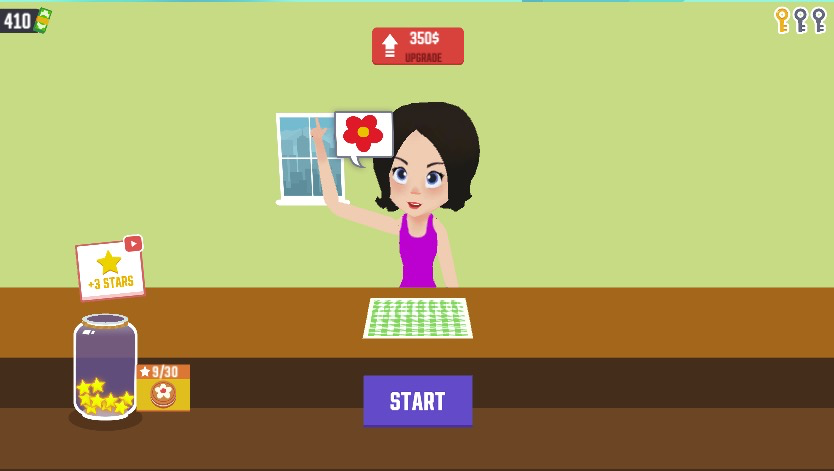 コインを貯めて赤いボタンで店をアップグレード