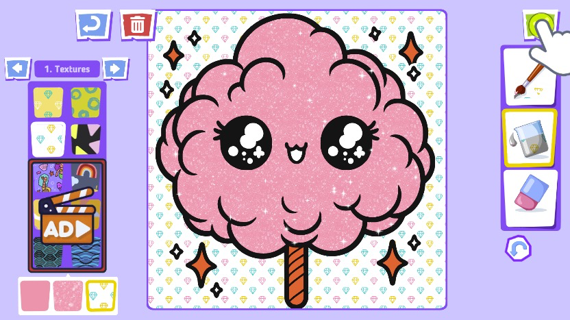 多彩な模様が用意され、自由に選んで塗り絵を楽しめる