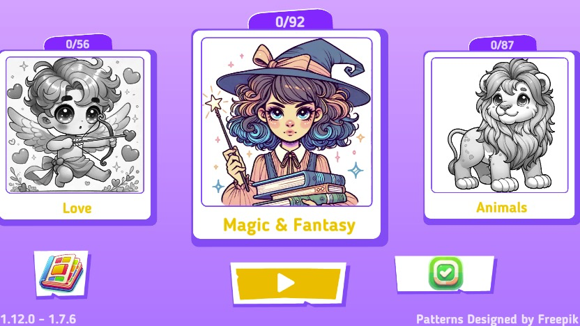 動物や風景など様々なテーマの塗り絵が豊富に揃っている