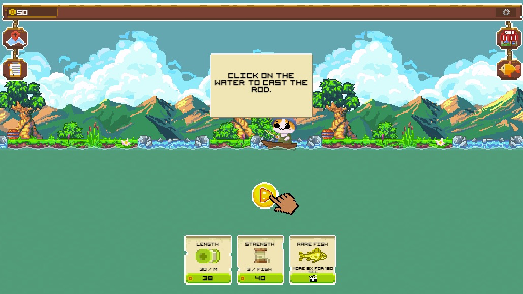 画面をクリックして釣り糸を水中に垂らし、魚釣りを開始しよう