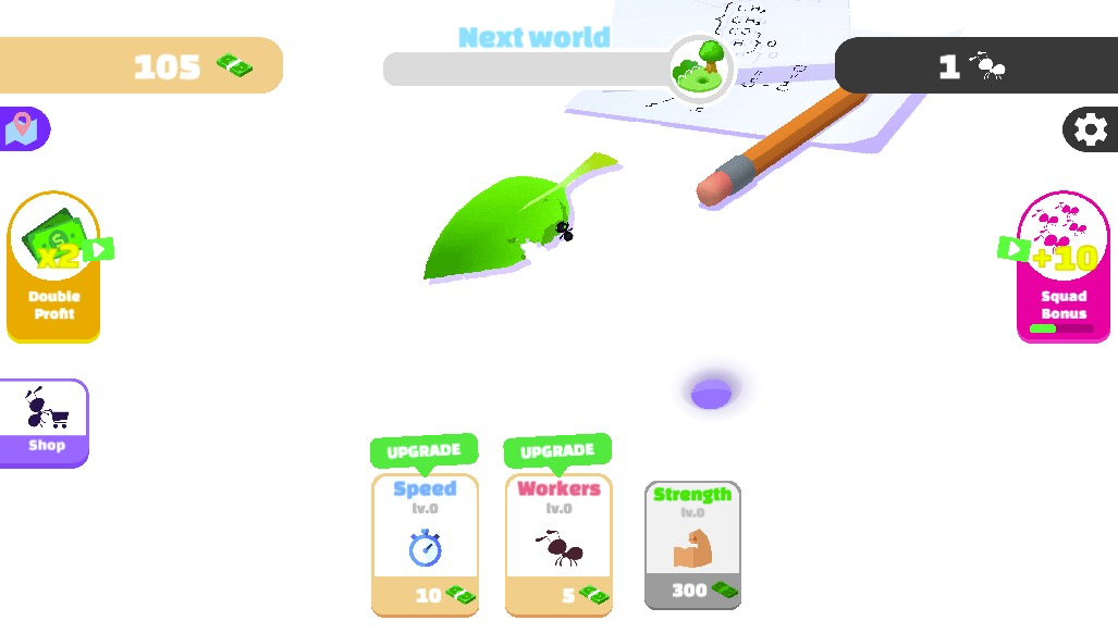 稼いだお金を使ってアリの速度や数を増やし、効率を大幅にアップ