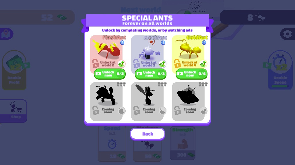 ショップで特別な能力を持つスペシャルアリを解放し、戦略を広げる