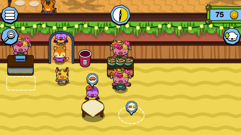 貯めたお金で新しい机や設備をアンロックし、レストランをさらに充実させよう