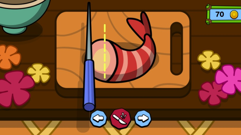 新鮮なえびを丁寧にカットするミニゲームで、調理技術を磨く楽しさを体感しよう